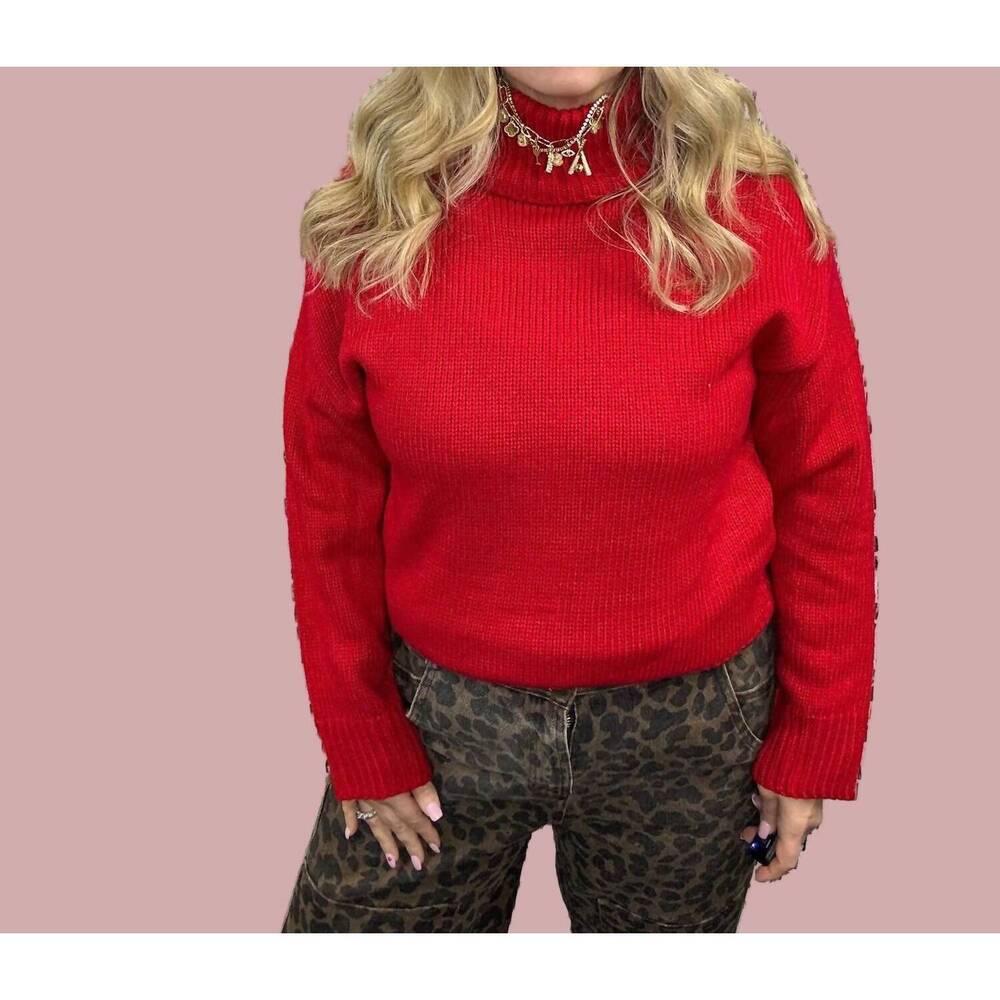 NEW GEEGEE turtleneck sweater with pearl details in red